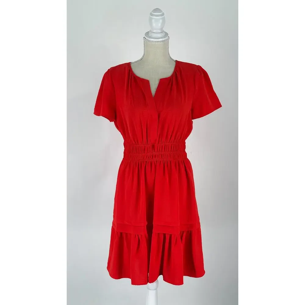 Tahari Arthur S Levine Short Sleeve Tiered Mini Dress Poppy Red Womens Small New - Picture 2 of 11